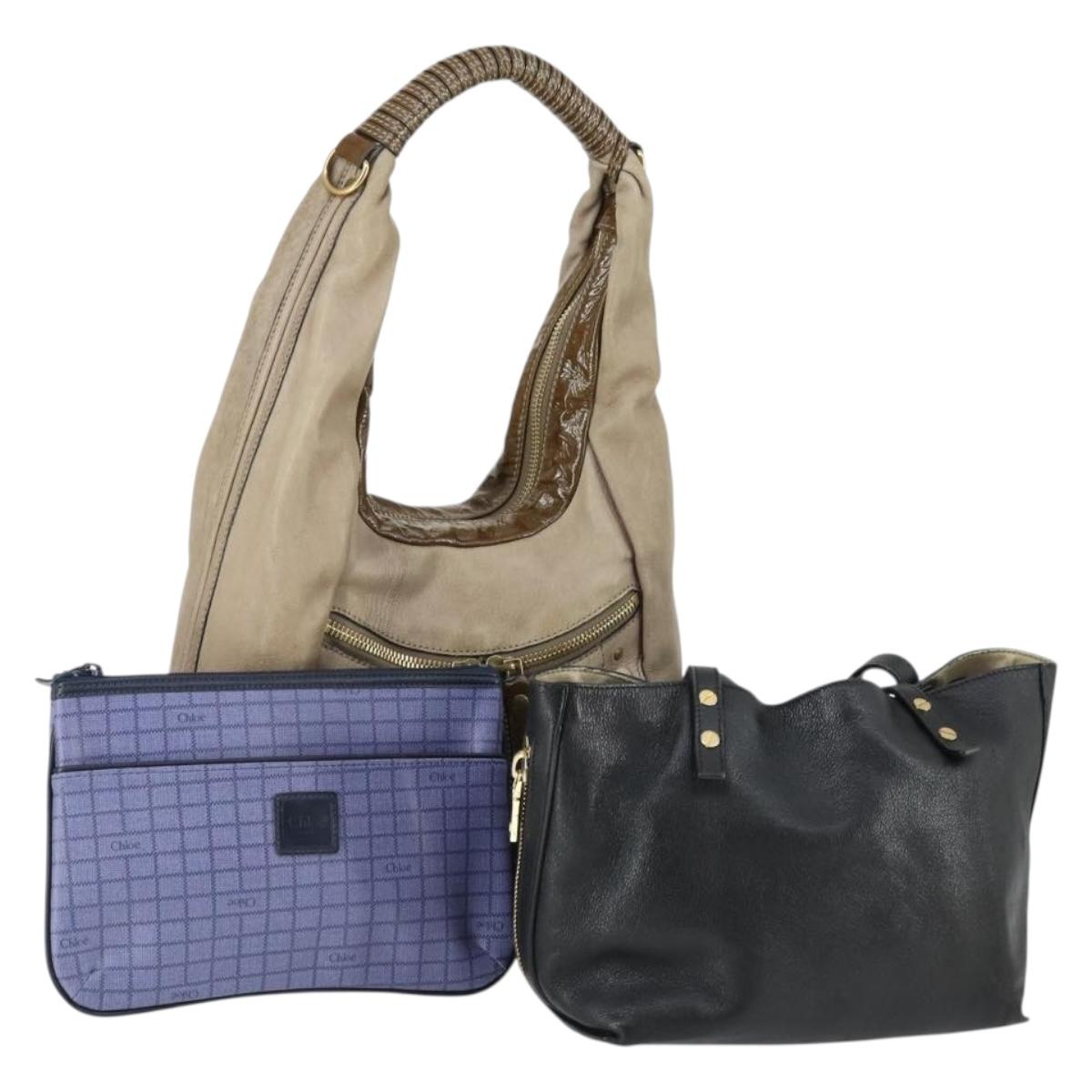 Chloe Hand Bag Leather 3 Set Beige Blue black Auth mr1757