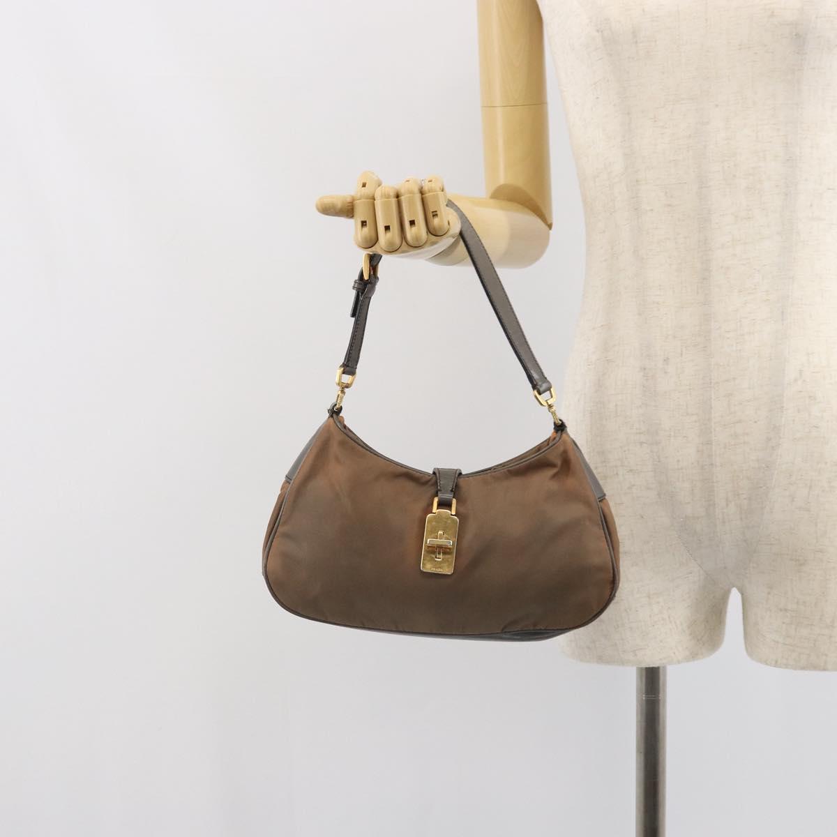 PRADA Hand Bag Nylon Leather Gold Brown Auth mr1761