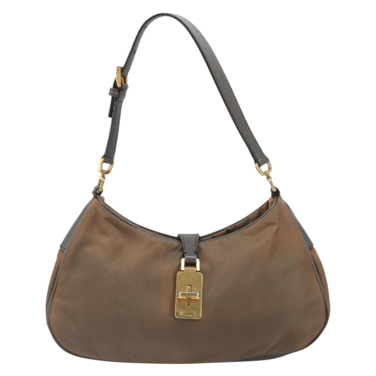 PRADA Hand Bag Nylon Leather Gold Brown Auth mr1761