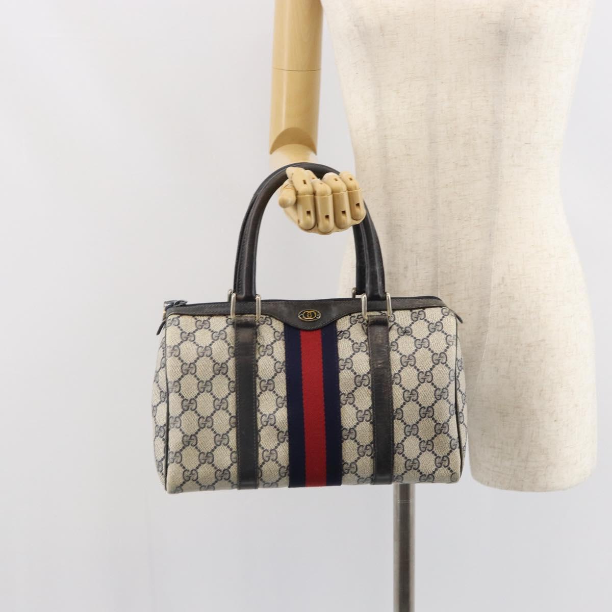 GUCCI GG Supreme Sherry Line Boston Bag PVC Navy Red 012 3841 58 Auth mr1762