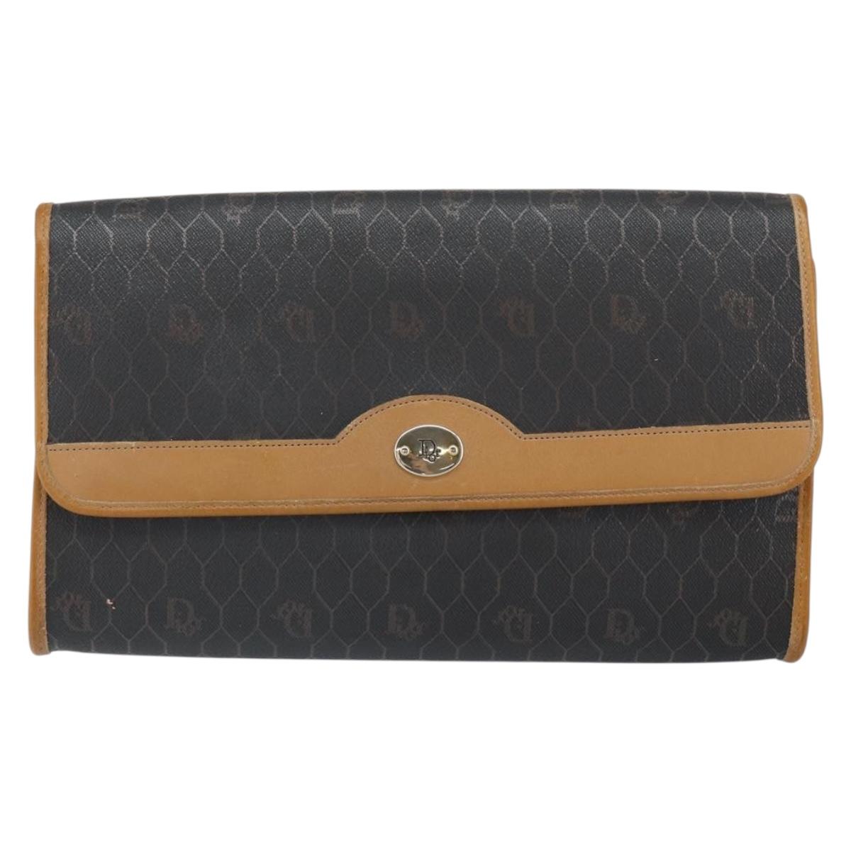 Christian Dior Honeycomb Canvas Chain Shoulder Bag PVC Black Gold Auth mr1769