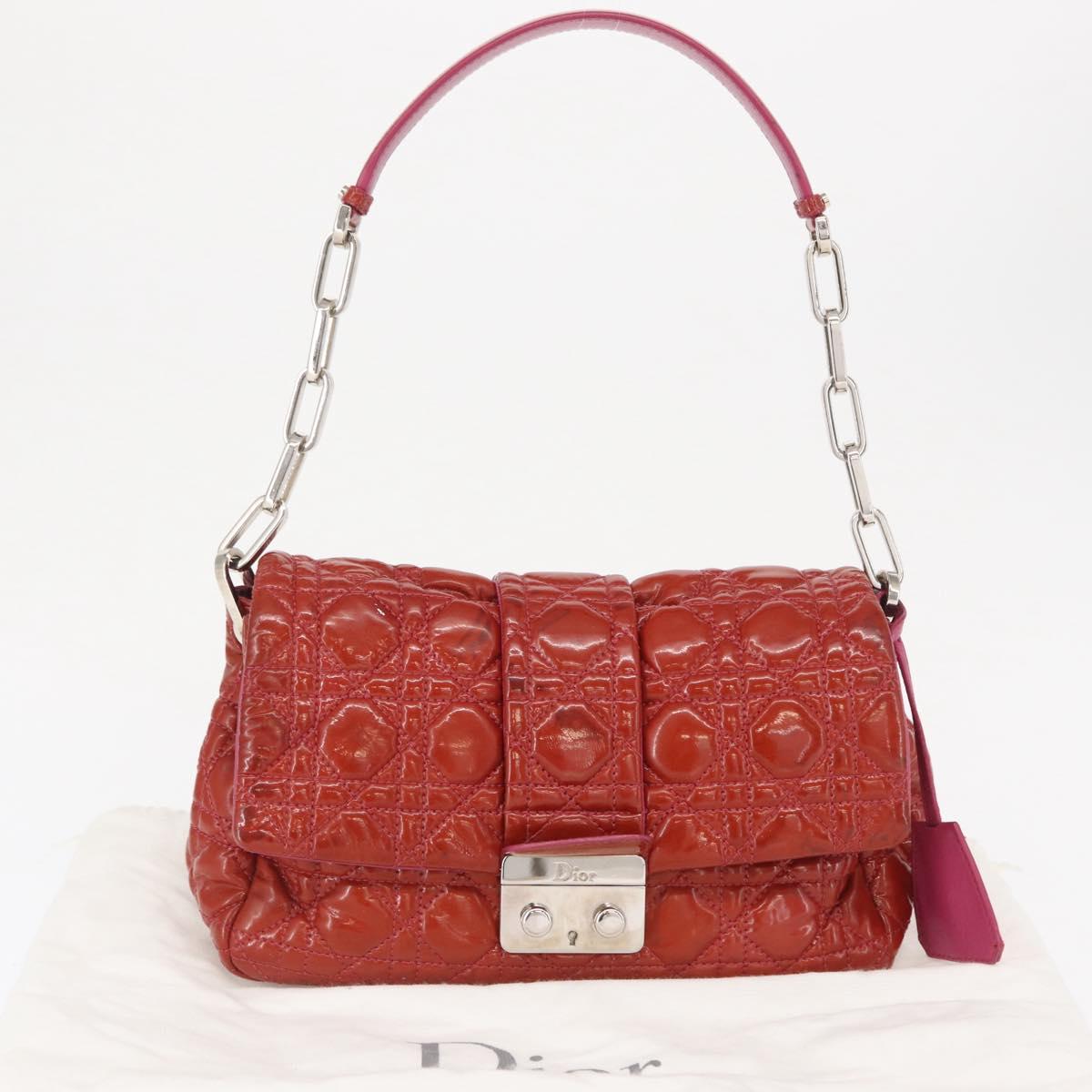 Christian Dior Canage Chain Shoulder Bag Patent leather Red Silver Auth mr1804