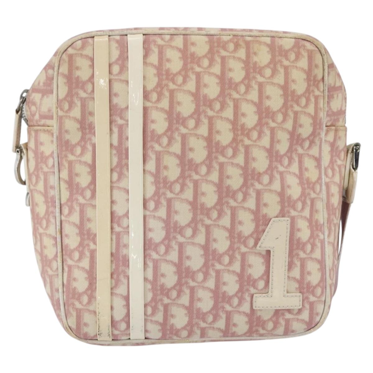 Christian Dior Trotter Canvas Shoulder Bag Pink Silver Auth mr1817