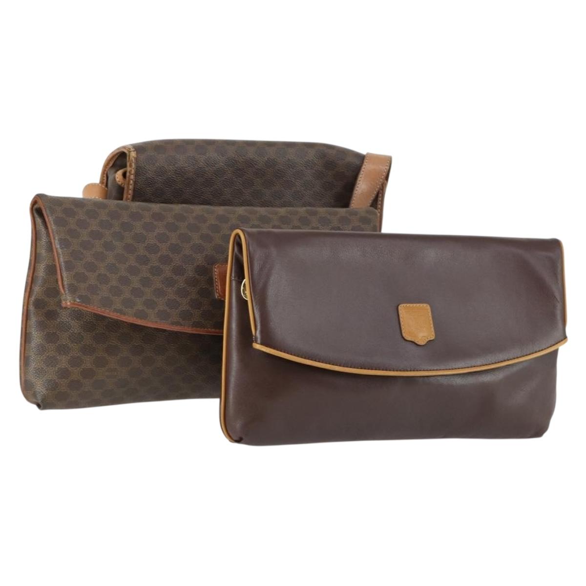 CELINE Macadam Canvas Shoulder Bag PVC 3 Set Brown Auth mr1851