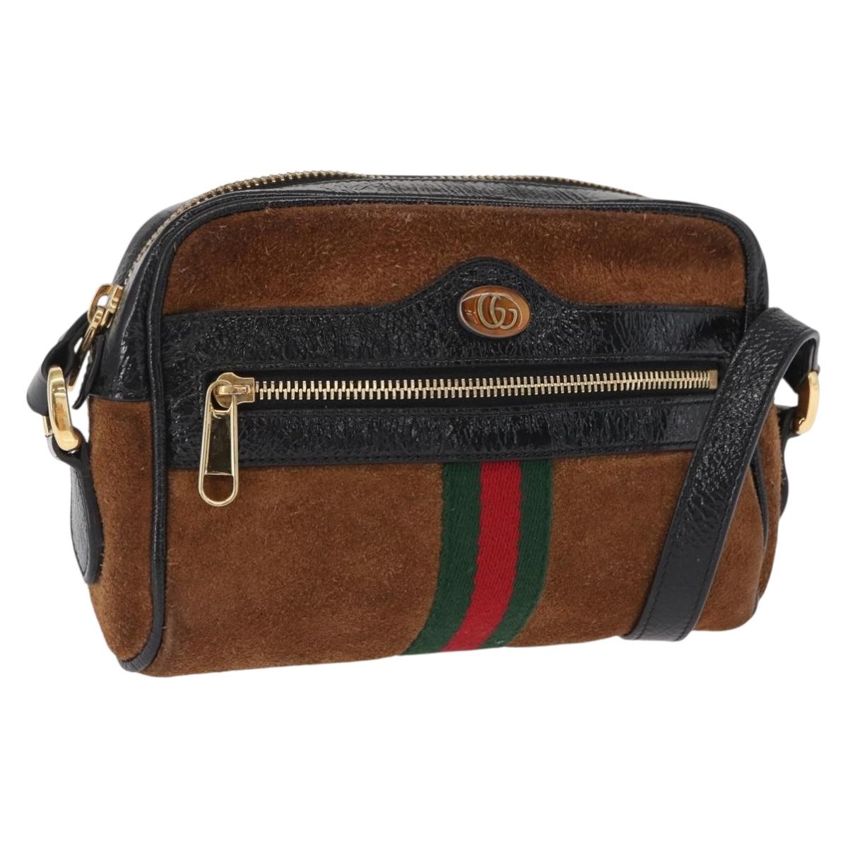 GUCCI Web Sherry Line Shoulder Bag Suede Leather Brown Gold 573321 Auth mr1860