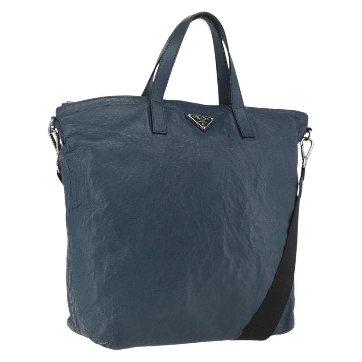 PRADA Tote Bag Leather Navy Silver Auth mr1876