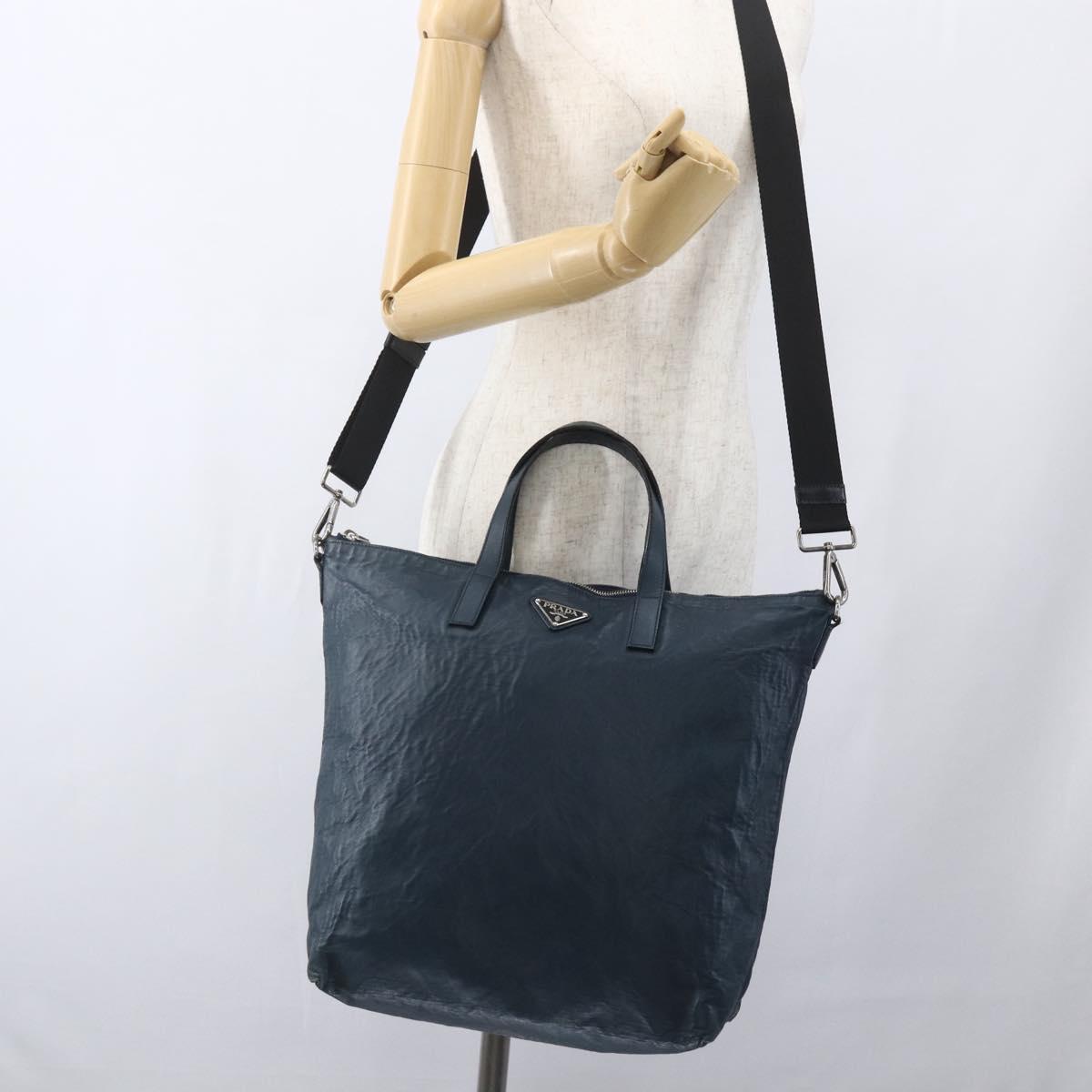 PRADA Tote Bag Leather Navy Silver Auth mr1876