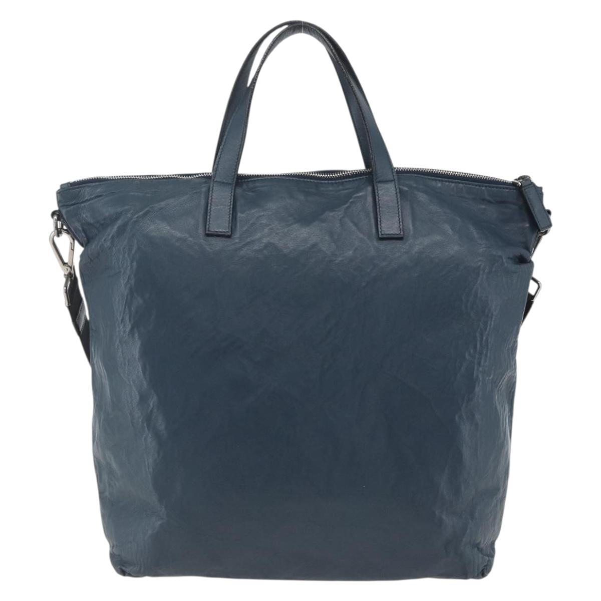 PRADA Tote Bag Leather Navy Silver Auth mr1876