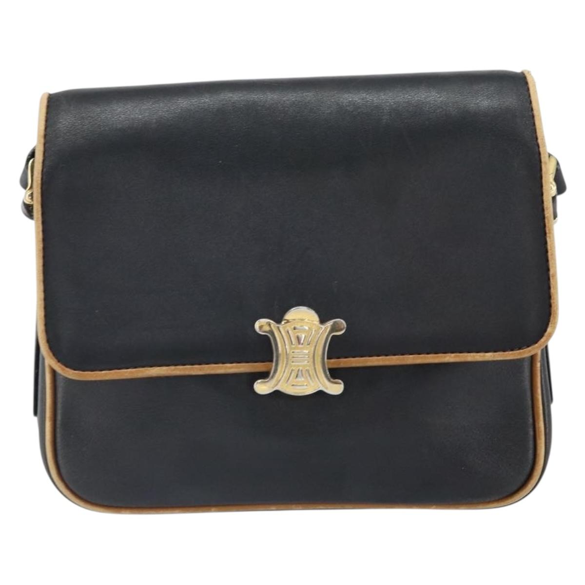 CELINE Shoulder Bag Leather Black Gold Auth mr1919