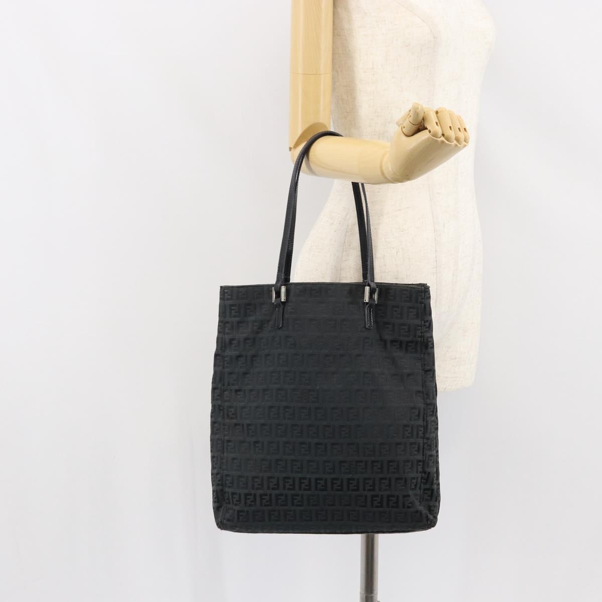 FENDI Zucchino Canvas Tote Bag Black Silver Auth mr1941