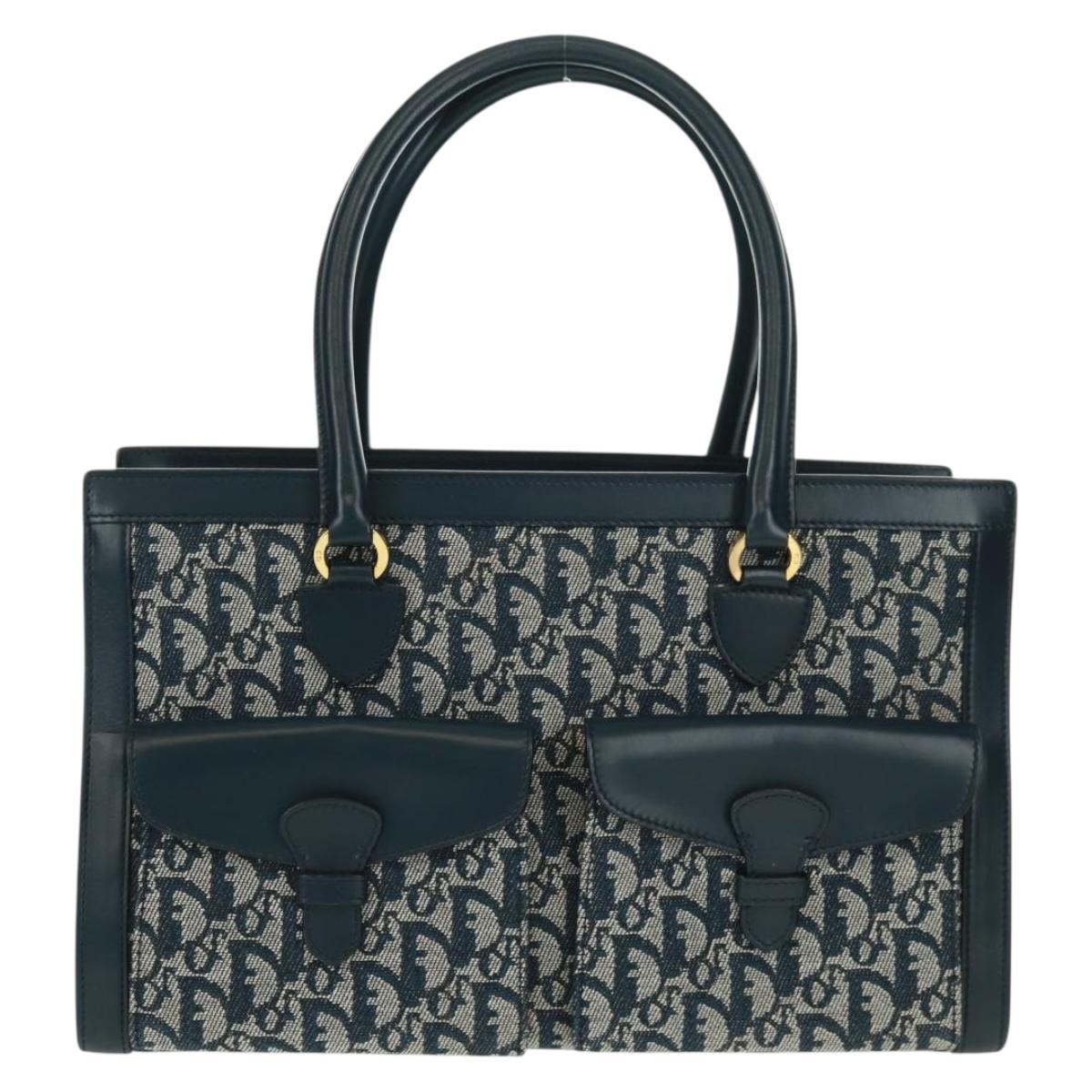 Christian Dior Trotter Canvas Hand Bag Navy Gold Auth mr1942V