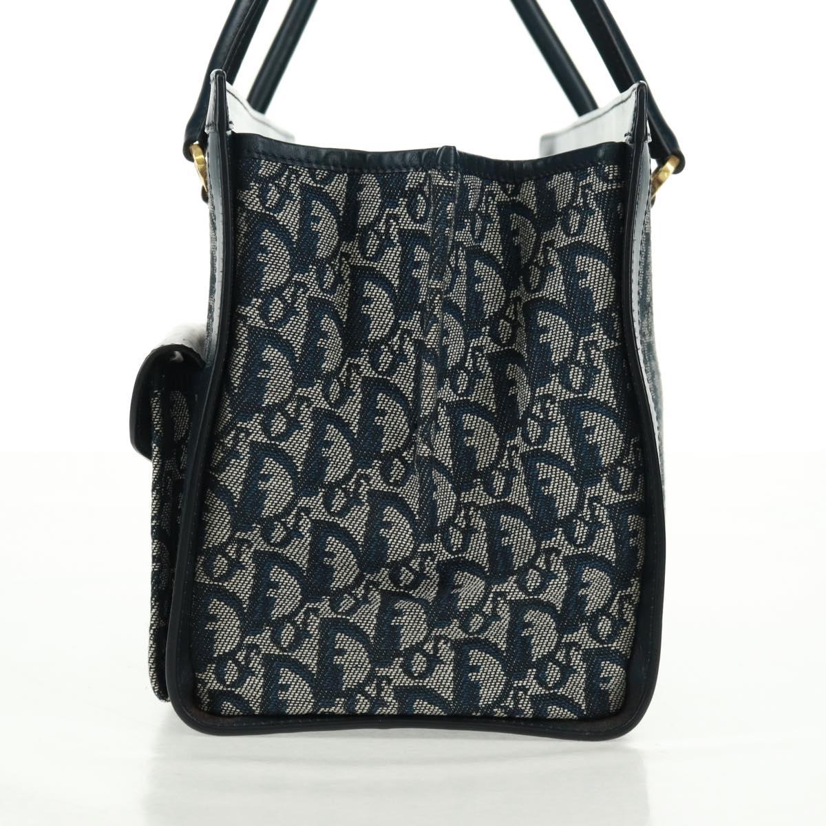 Christian Dior Trotter Canvas Hand Bag Navy Gold Auth mr1942V