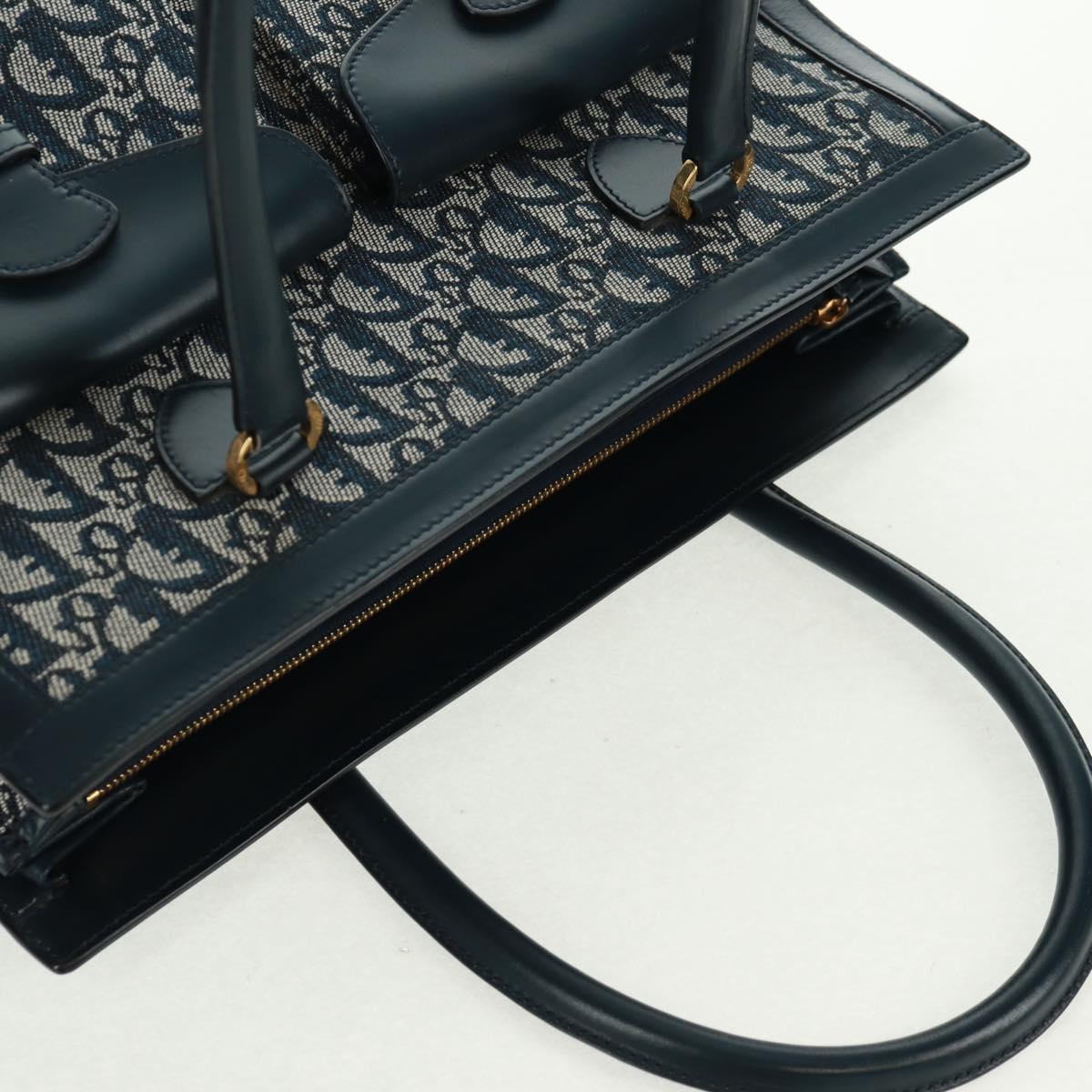 Christian Dior Trotter Canvas Hand Bag Navy Gold Auth mr1942V