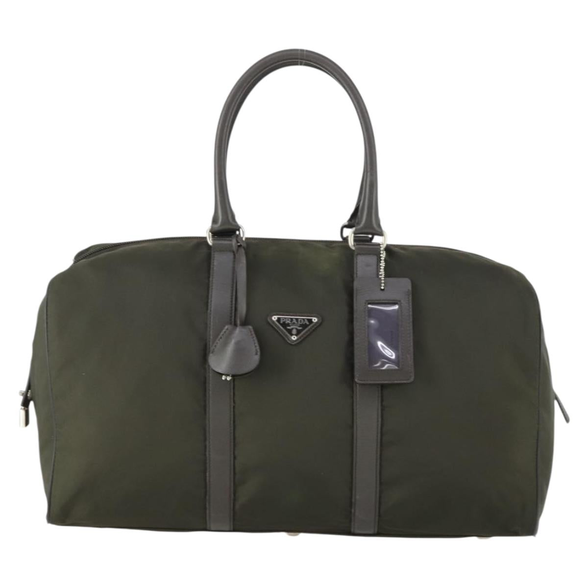PRADA Boston Bag Nylon Khaki Silver Auth mr1945