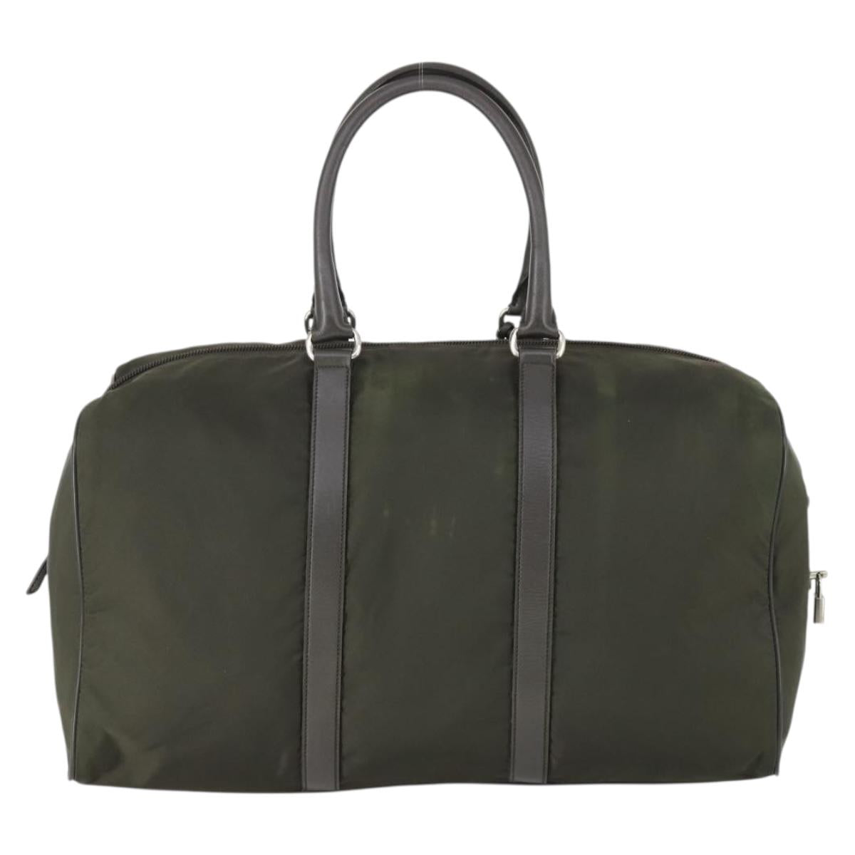 PRADA Boston Bag Nylon Khaki Silver Auth mr1945