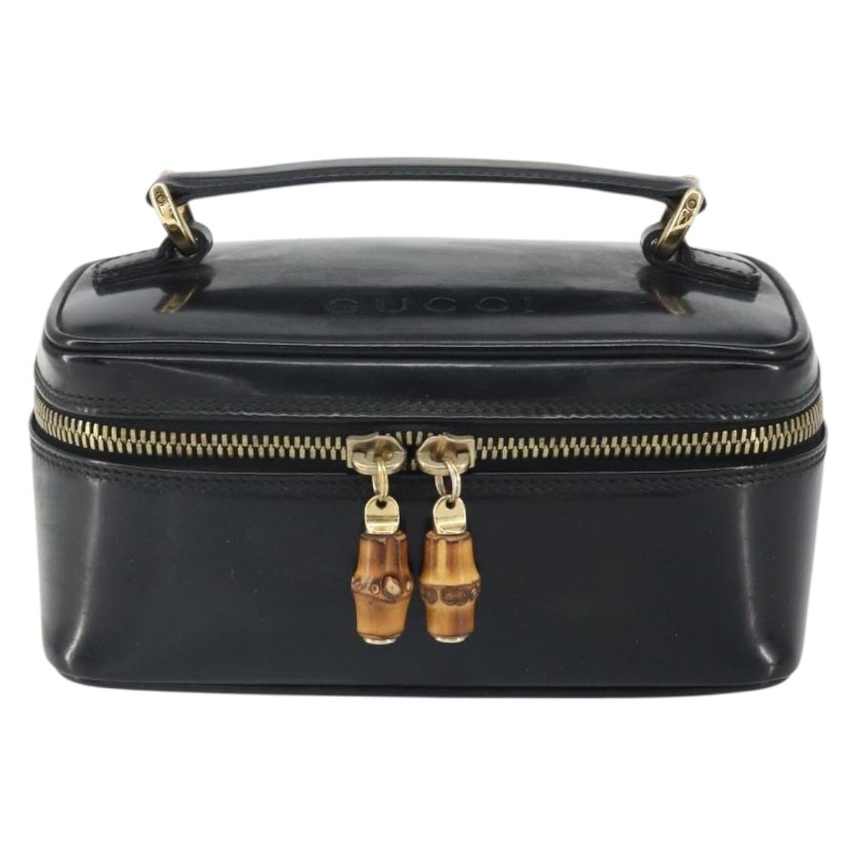 GUCCI Bamboo Vanity Pouch Patent leather Black 032 1956 0151 Auth mr1956