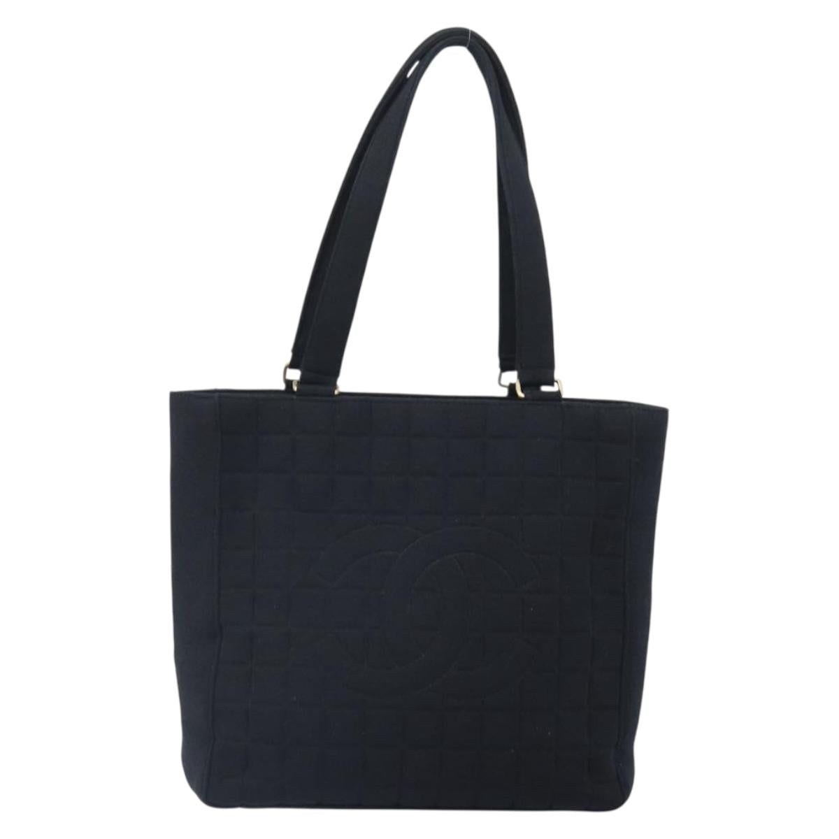 CHANEL Tote Bag Cotton Gold Black CC Auth mr1967