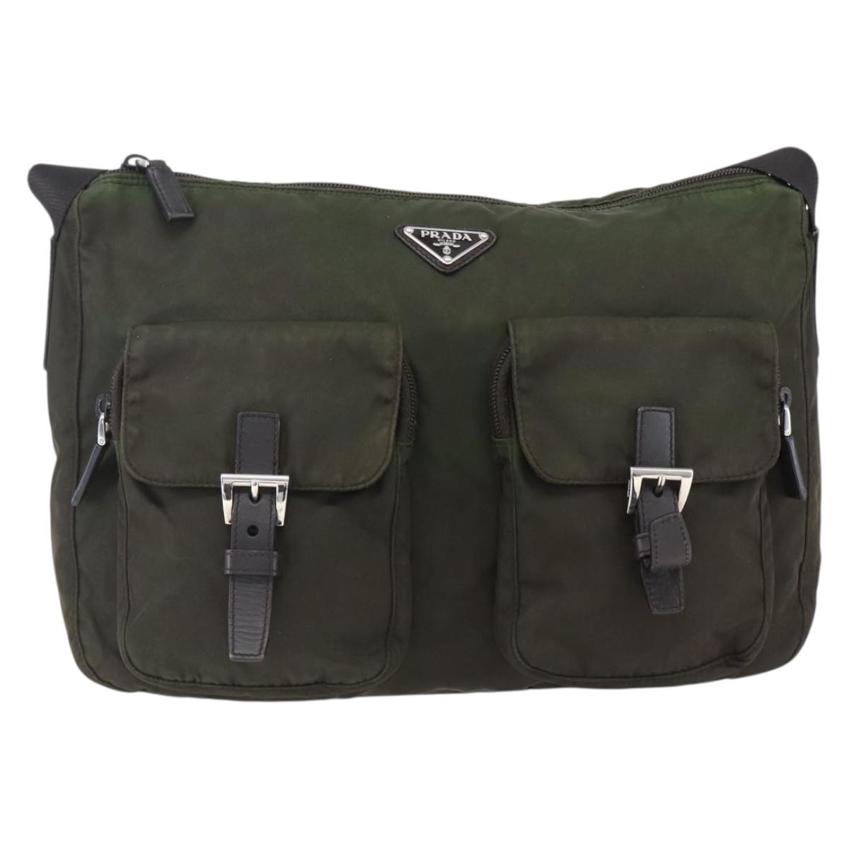 PRADA Shoulder Bag Nylon Khaki Silver Auth mr2000