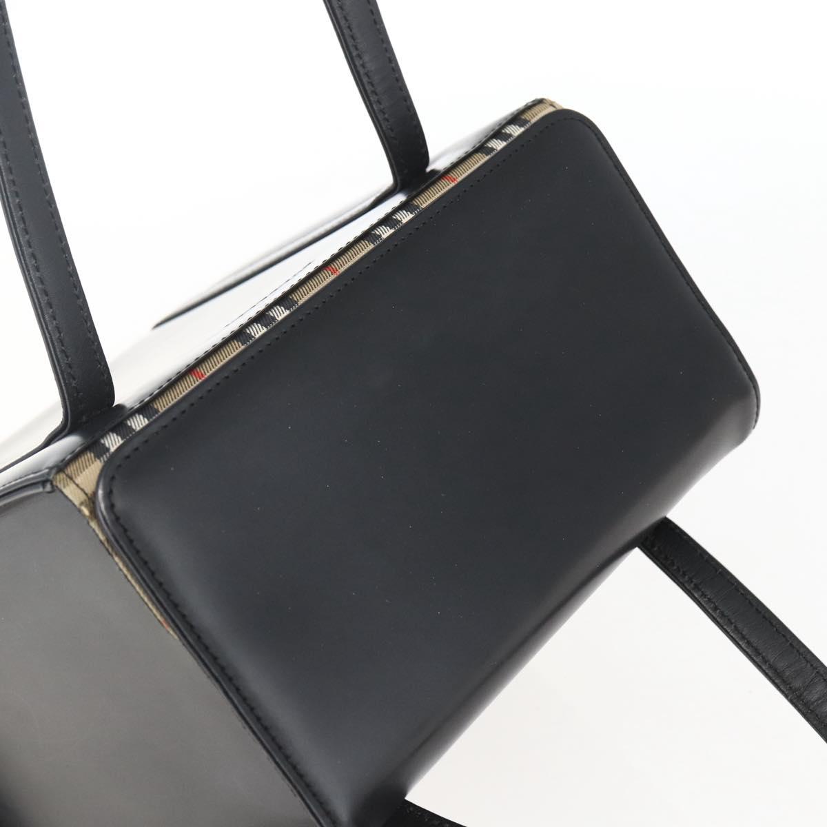 BURBERRY Nova Check Hand Bag Leather Black Silver Auth mr2041