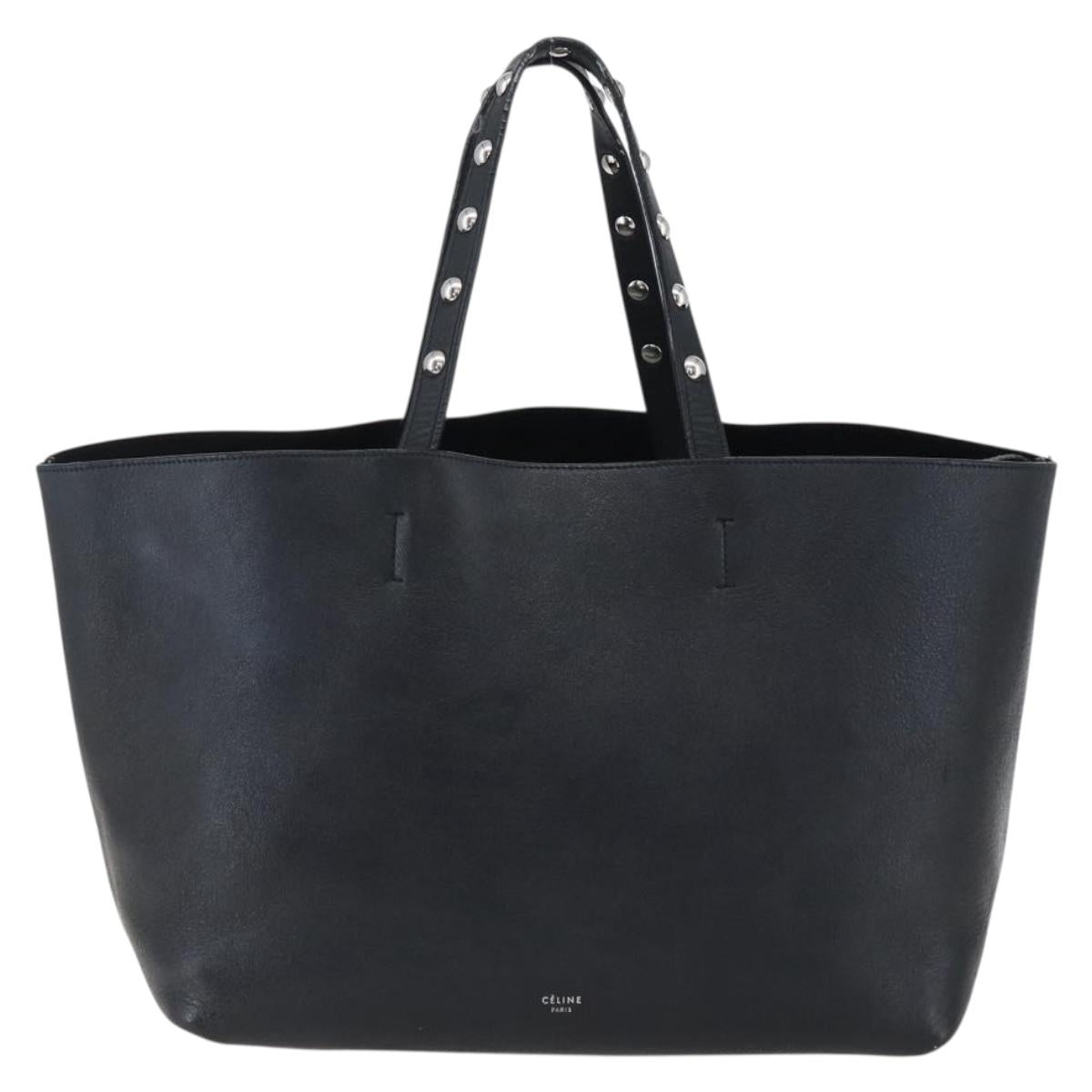 CELINE Studs Hand Bag Leather Black Silver Auth mr2054
