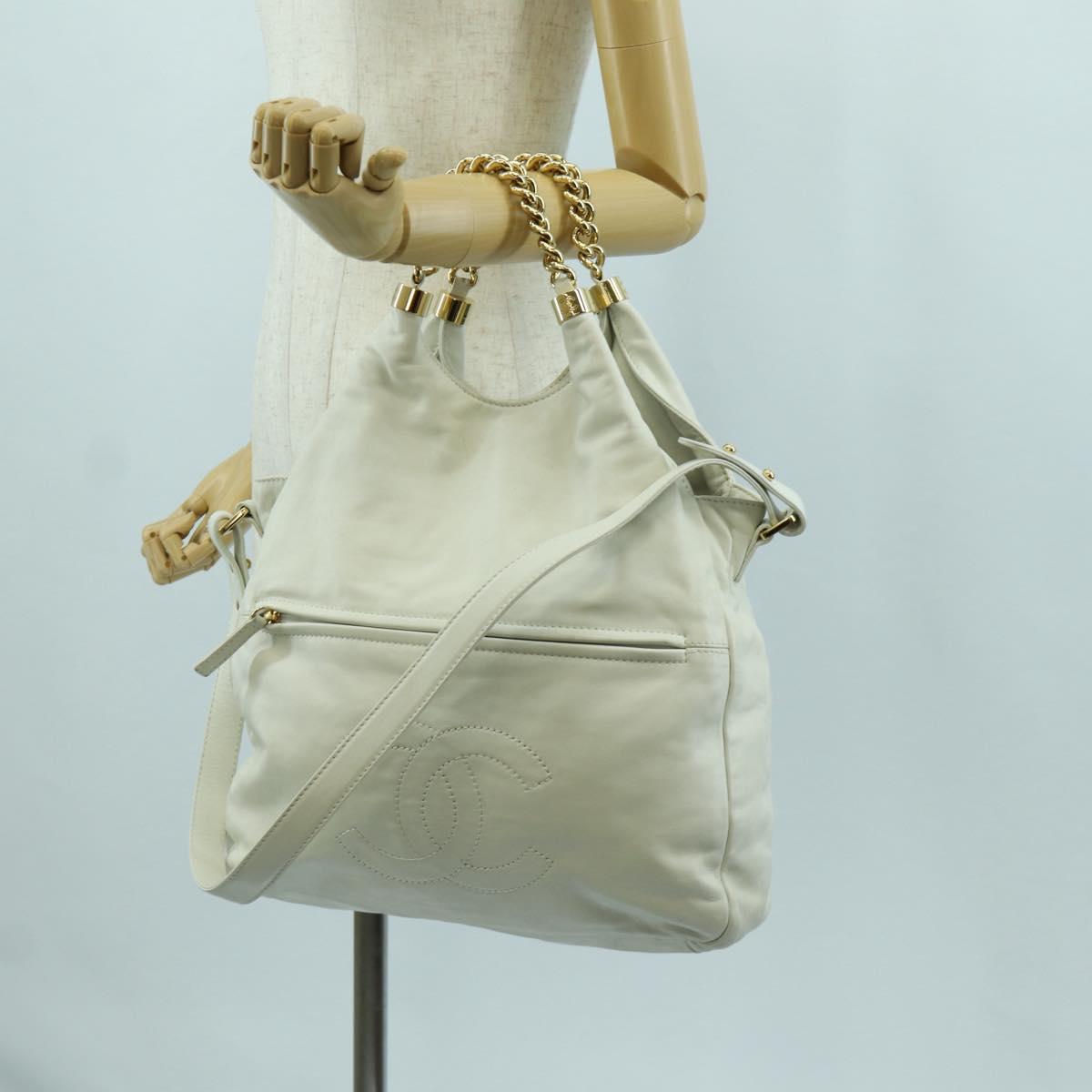CHANEL Hand Bag Leather 2way White Gold CC Auth mr2057V