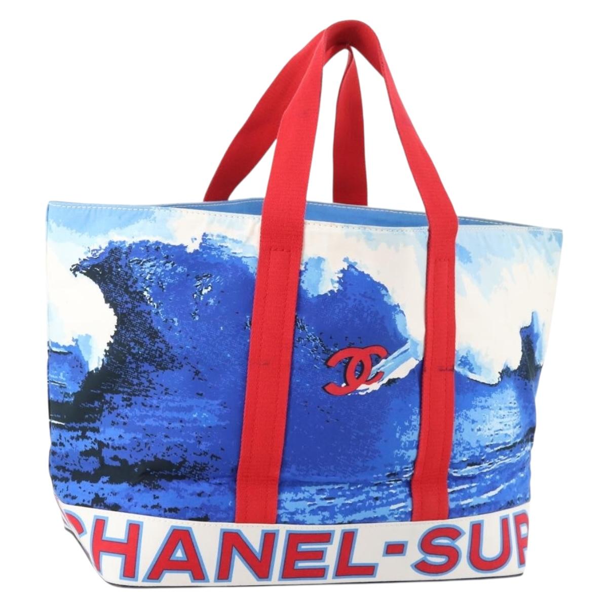 CHANEL Surfline Tote Bag Canvas Blue White Red CC Auth mr2068V
