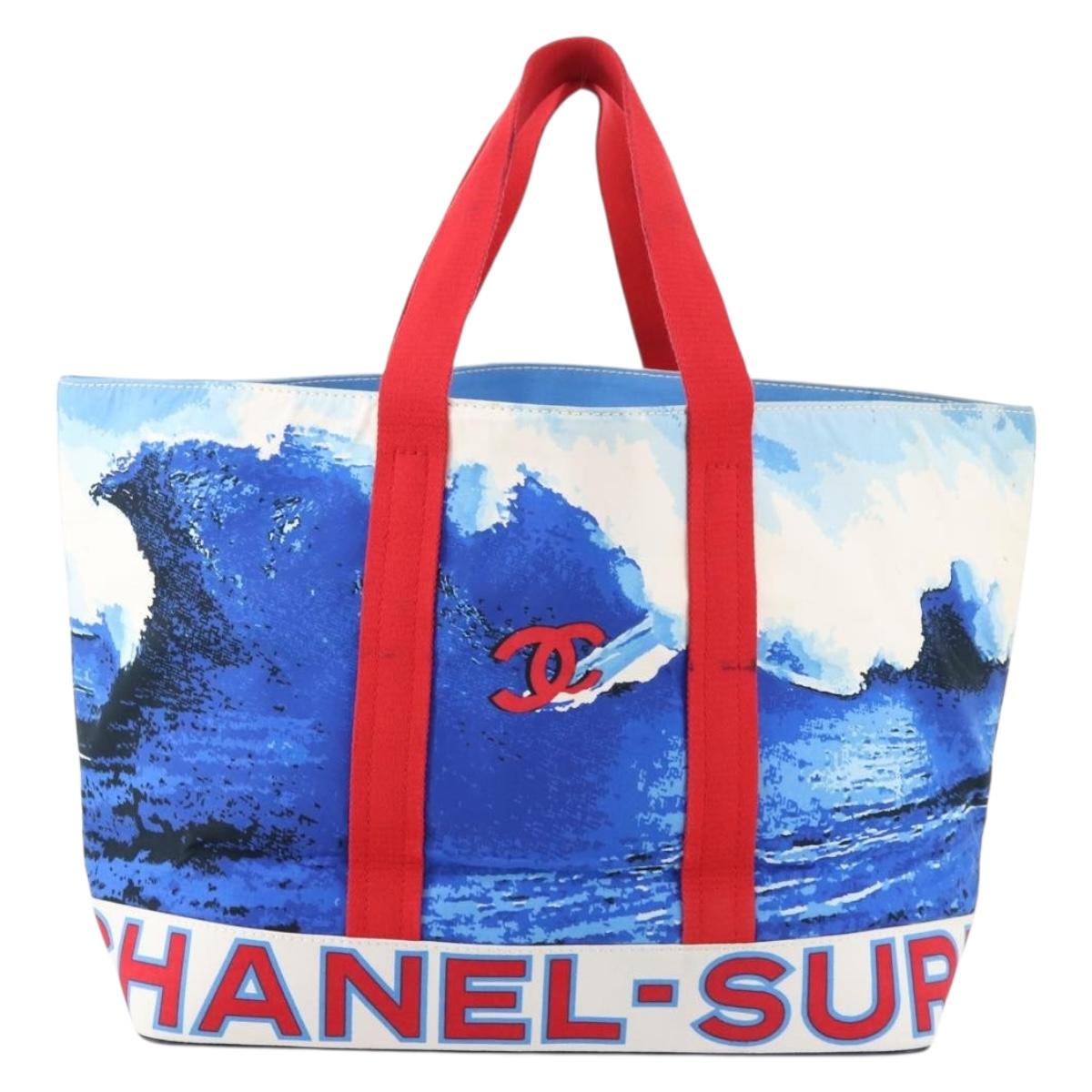 CHANEL Surfline Tote Bag Canvas Blue White Red CC Auth mr2068V
