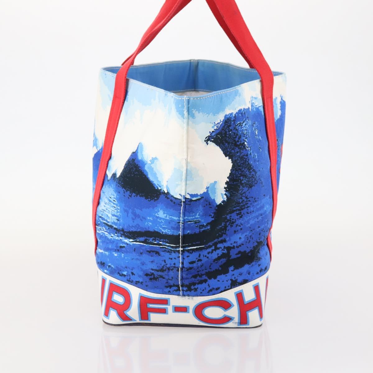 CHANEL Surfline Tote Bag Canvas Blue White Red CC Auth mr2068V
