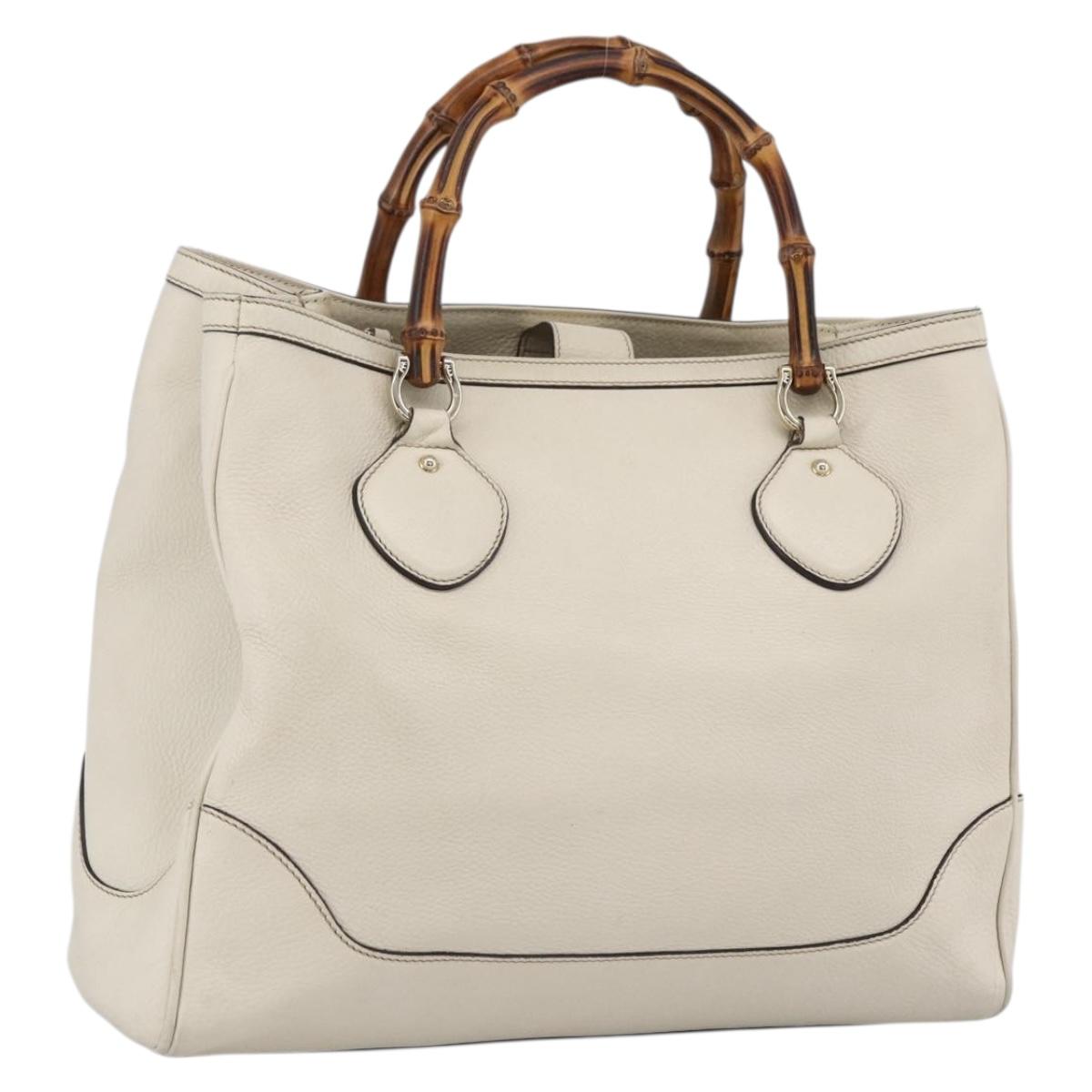GUCCI Bamboo Hand Bag Leather White Gold 282317 Auth mr2074