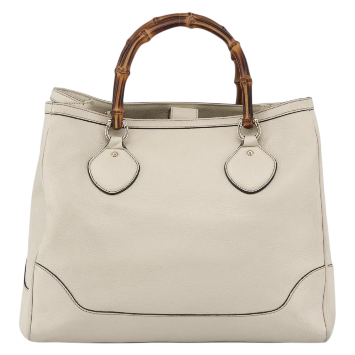 GUCCI Bamboo Hand Bag Leather White Gold 282317 Auth mr2074