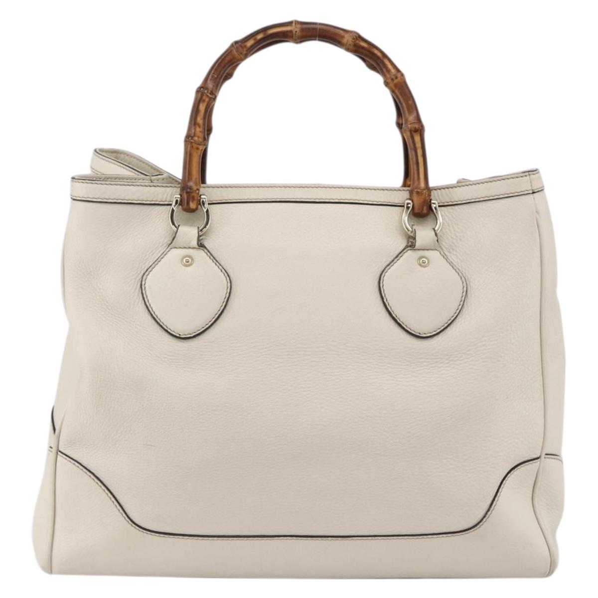 GUCCI Bamboo Hand Bag Leather White Gold 282317 Auth mr2074