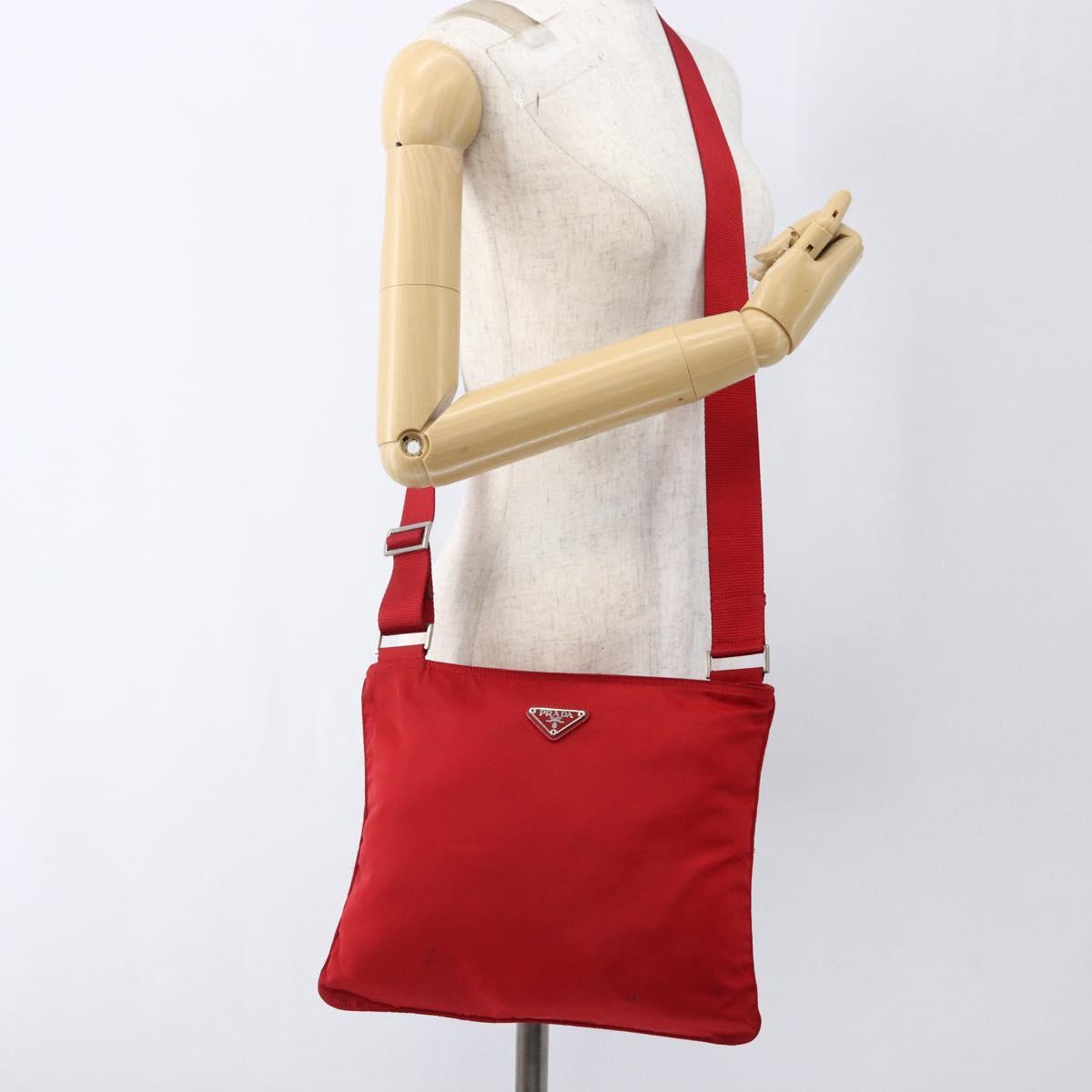 PRADA Shoulder Bag Nylon Red Silver Auth mr2077