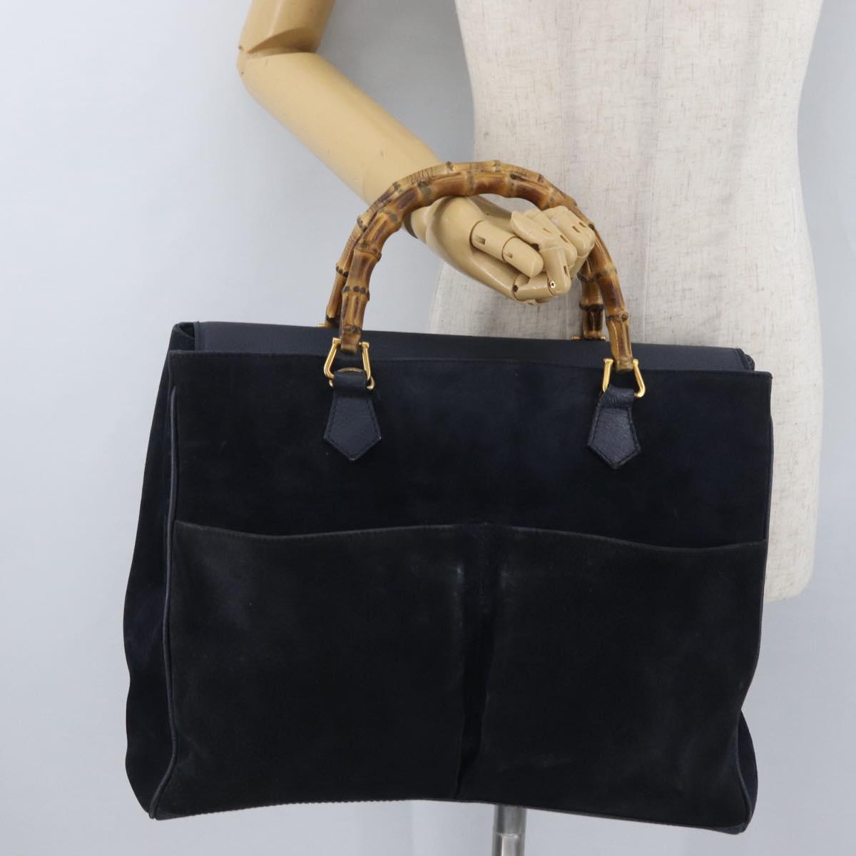 GUCCI Bamboo Hand Bag Suede Navy Gold 002 123 0322 Auth mr2091