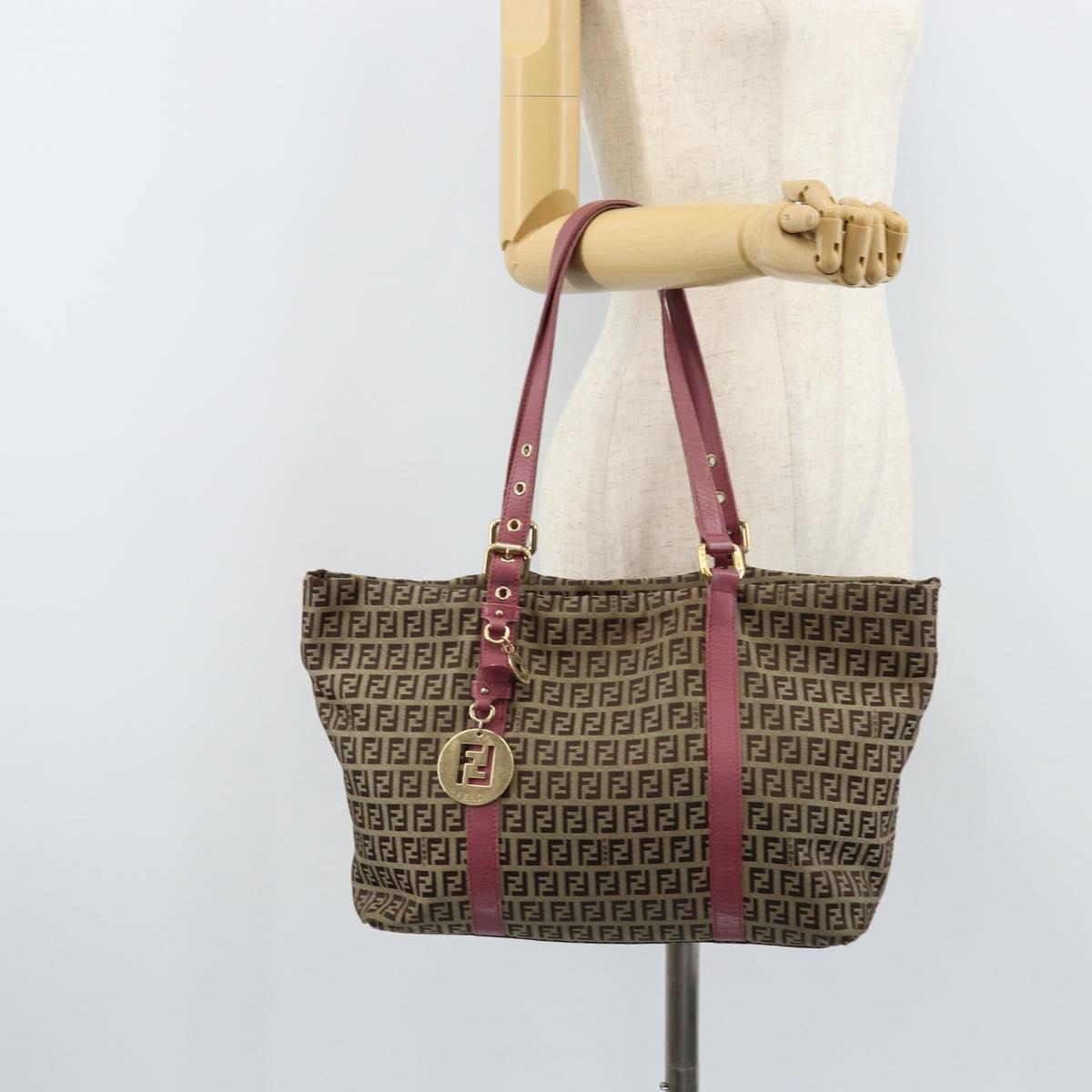 FENDI Zucchino Canvas Tote Bag Brown Gold Auth mr2135