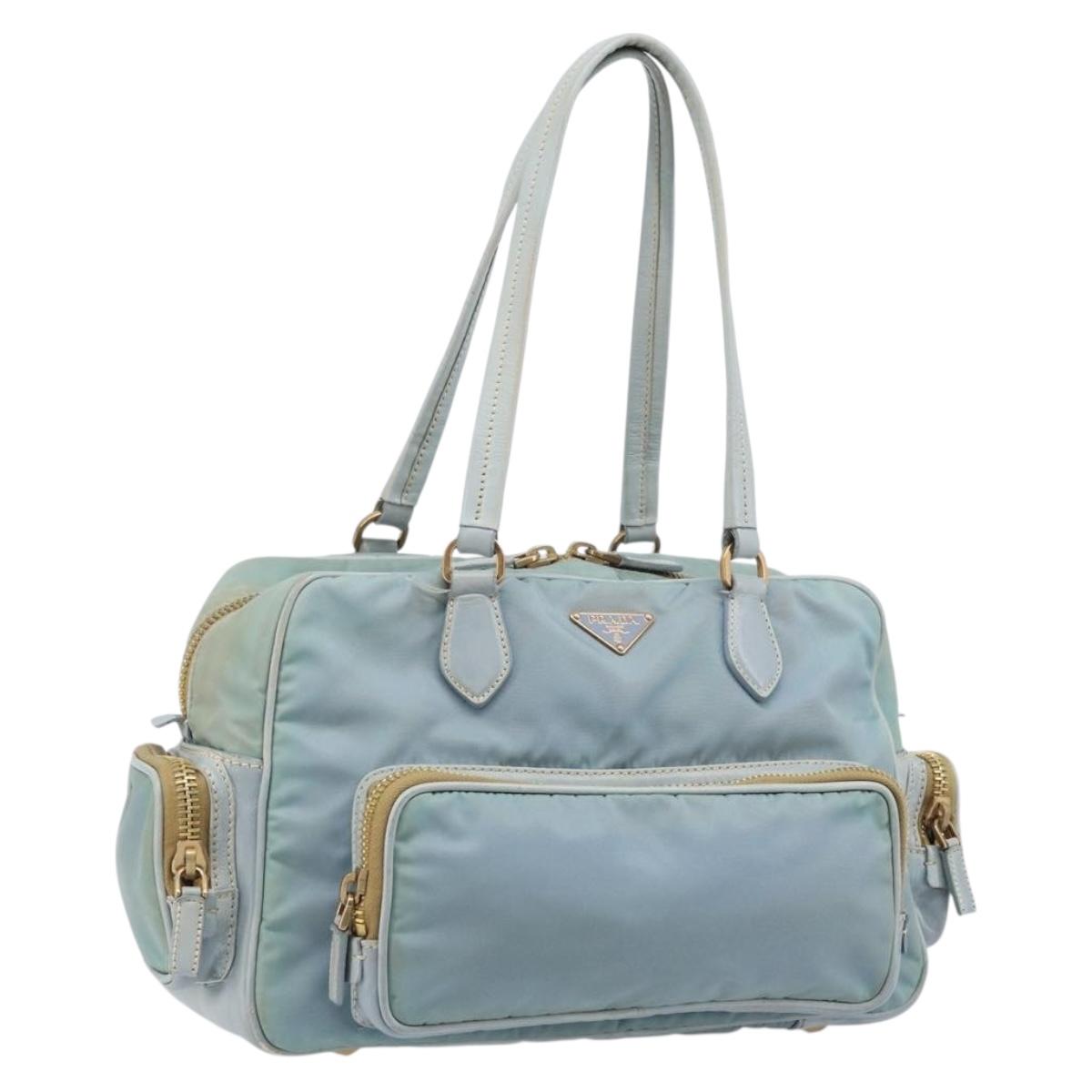 PRADA Hand Bag Nylon Light Blue Gold Auth mr2145A