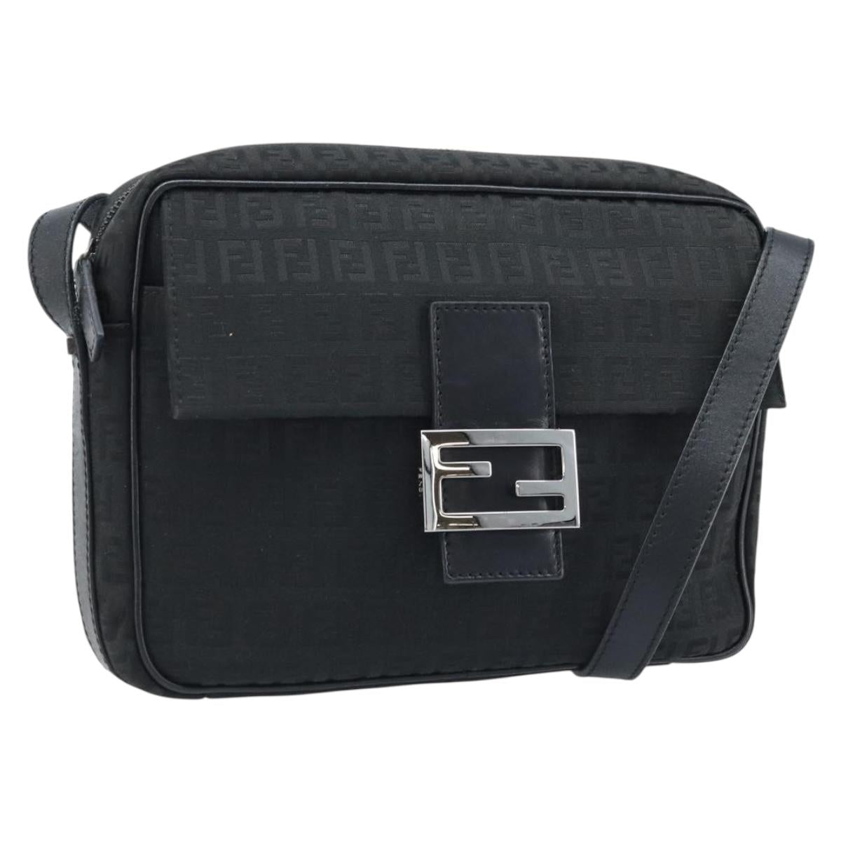 FENDI Zucchino Canvas Shoulder Bag Black Silver Auth mr2153V