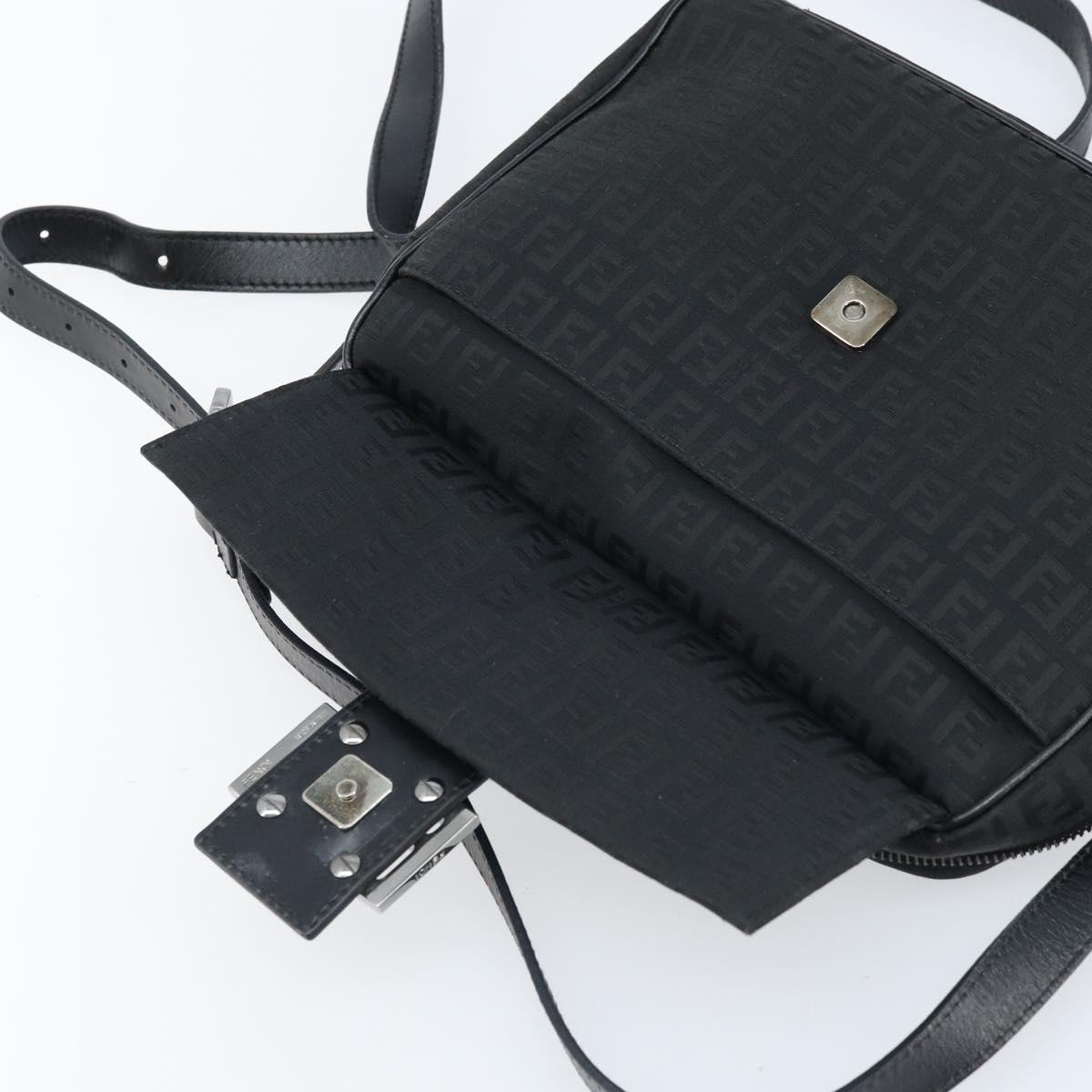 FENDI Zucchino Canvas Shoulder Bag Black Silver Auth mr2153V