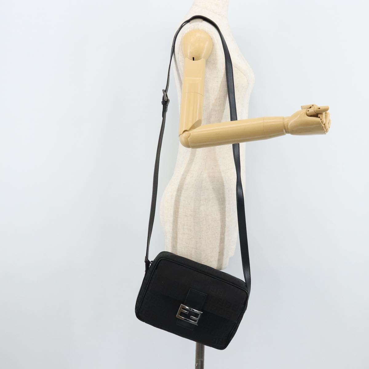 FENDI Zucchino Canvas Shoulder Bag Black Silver Auth mr2153V