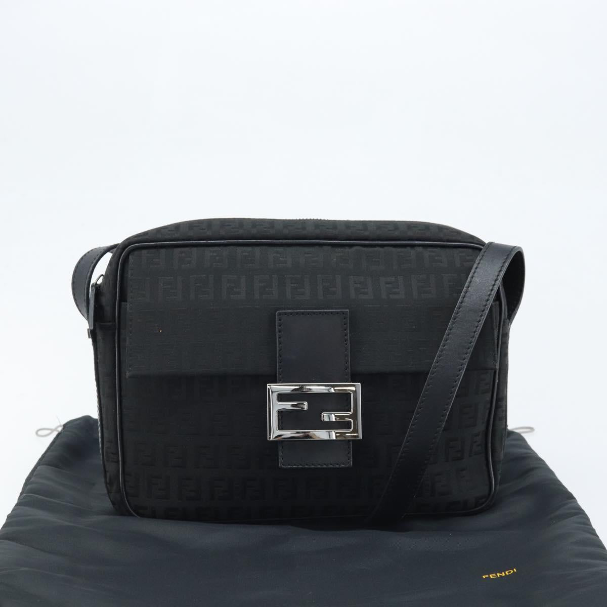 FENDI Zucchino Canvas Shoulder Bag Black Silver Auth mr2153V