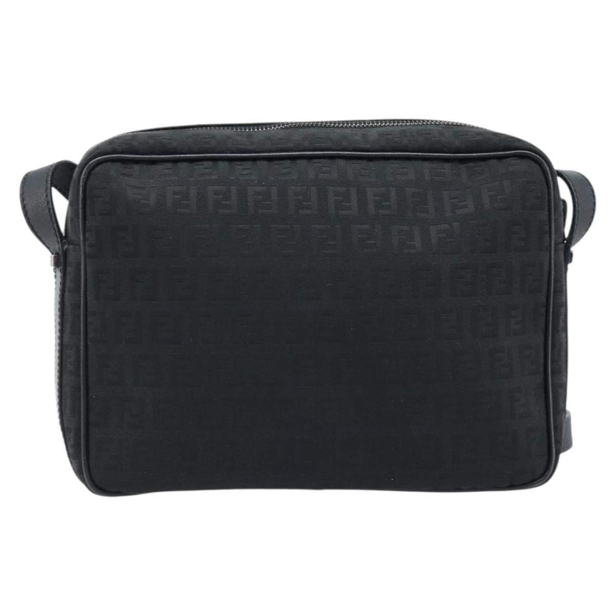 FENDI Zucchino Canvas Shoulder Bag Black Silver Auth mr2153V