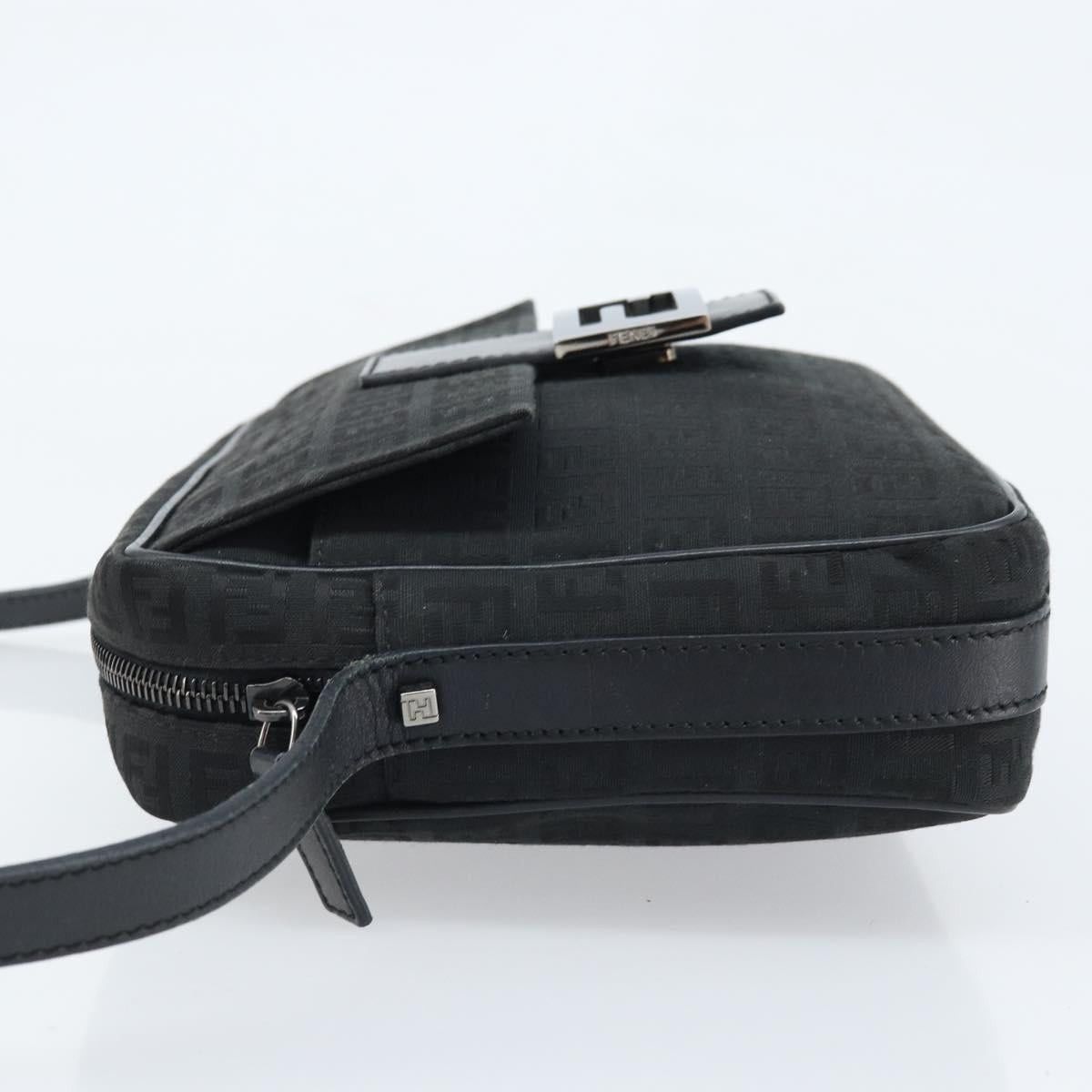 FENDI Zucchino Canvas Shoulder Bag Black Silver Auth mr2153V