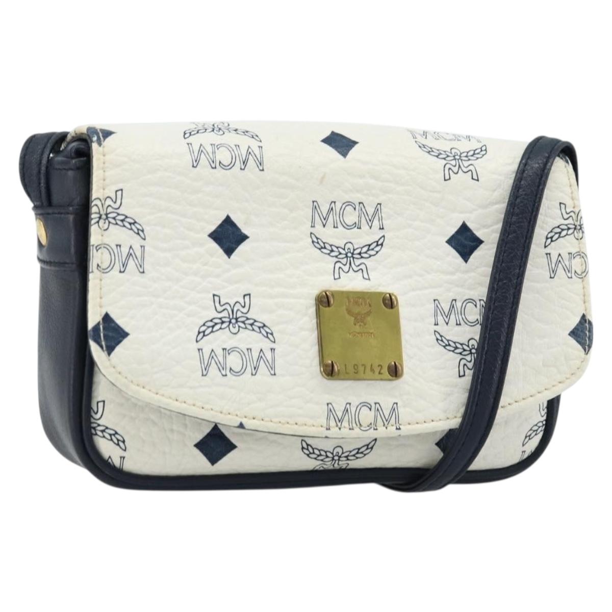 MCM Vicetos Logogram Shoulder Bag PVC Leather White Gold Auth mr2164