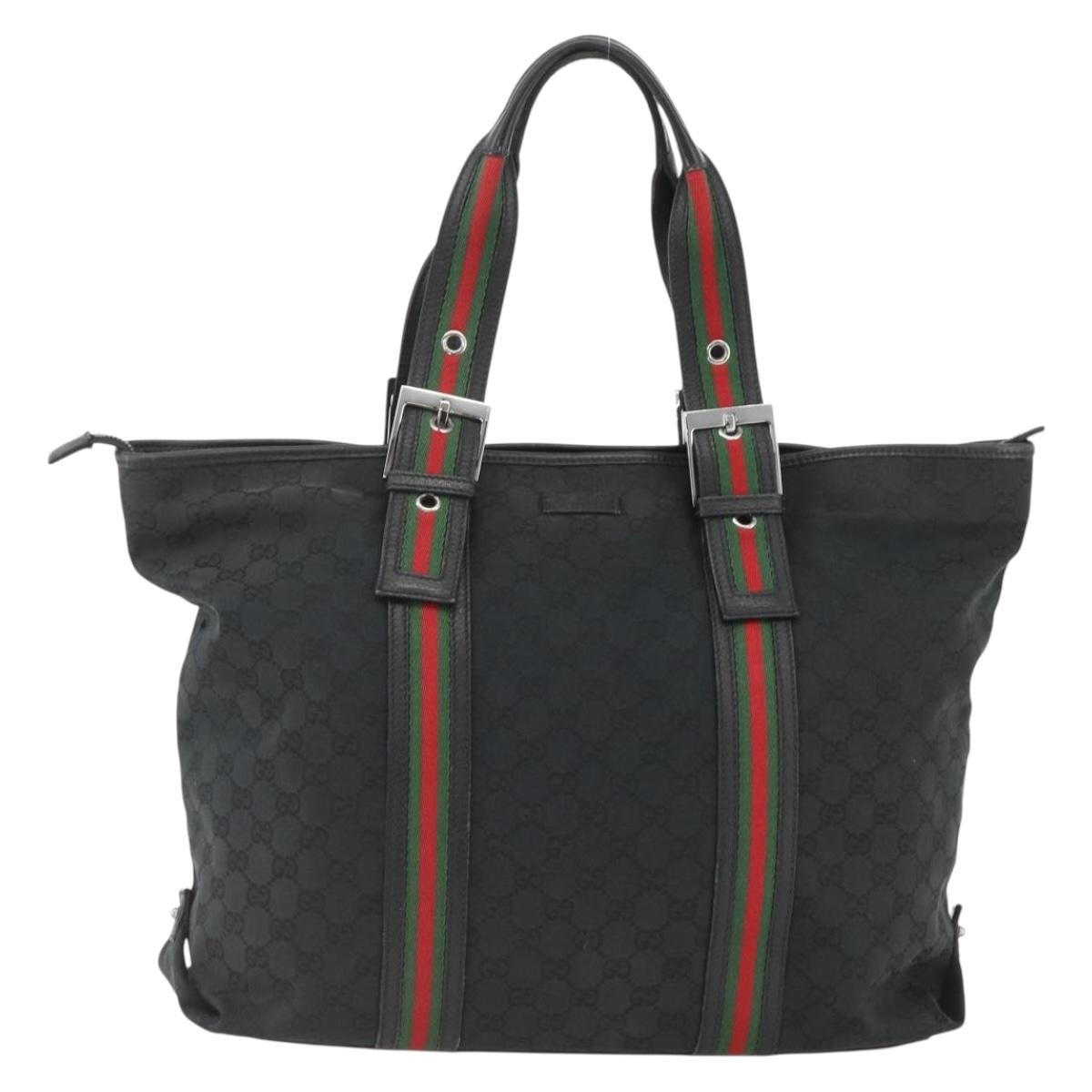 GUCCI GG Canvas Web Sherry Line Tote Bag Black Silver 132898 Auth mr2181
