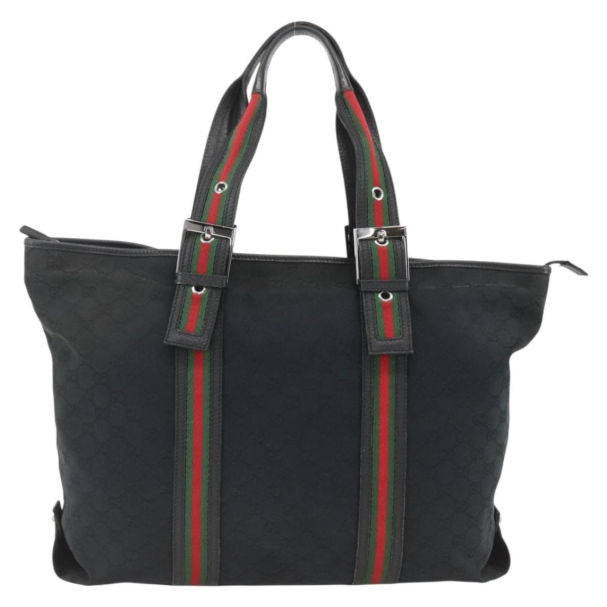 GUCCI GG Canvas Web Sherry Line Tote Bag Black Silver 132898 Auth mr2181