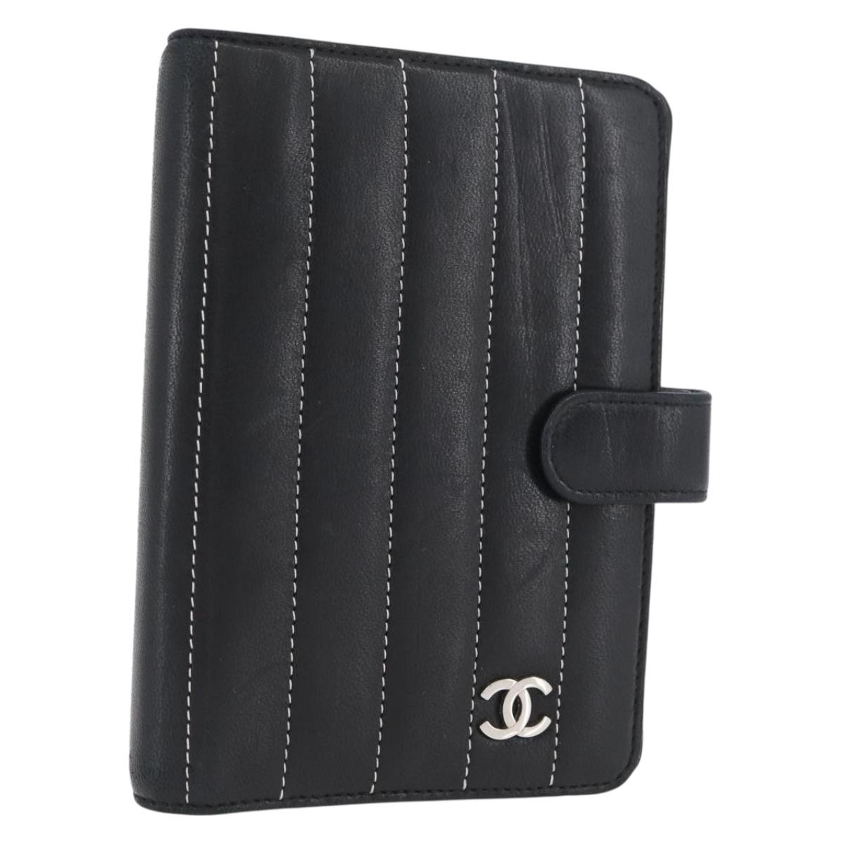 CHANEL Mademoiselle Agenda Day Planner Cover Leather Silver Black CC Auth mr2185