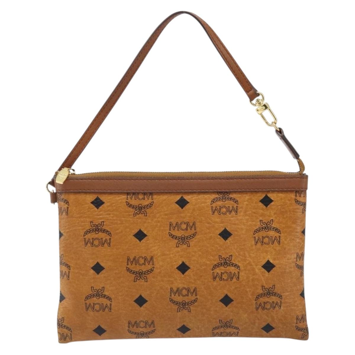 MCM Vicetos Logogram Accessory Pouch PVC Leather Brown Gold Auth mr2192