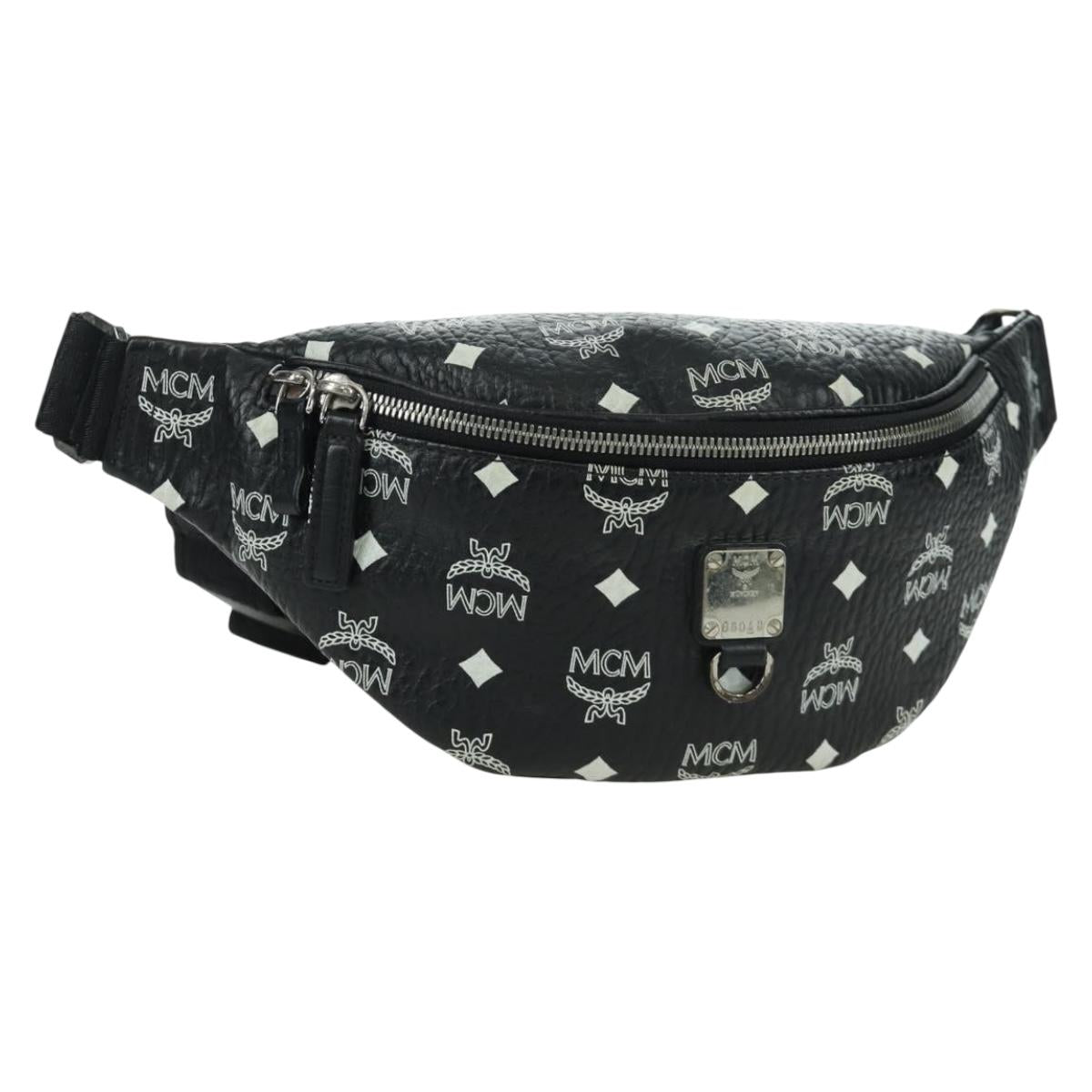 MCM Vicetos Logogram Body Bag Leather Black Silver Auth mr2198V