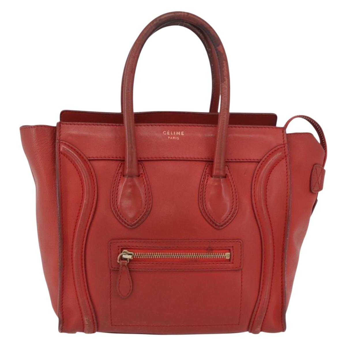 CELINE Micro Shopper Hand Bag Leather Red Gold Auth mr2211