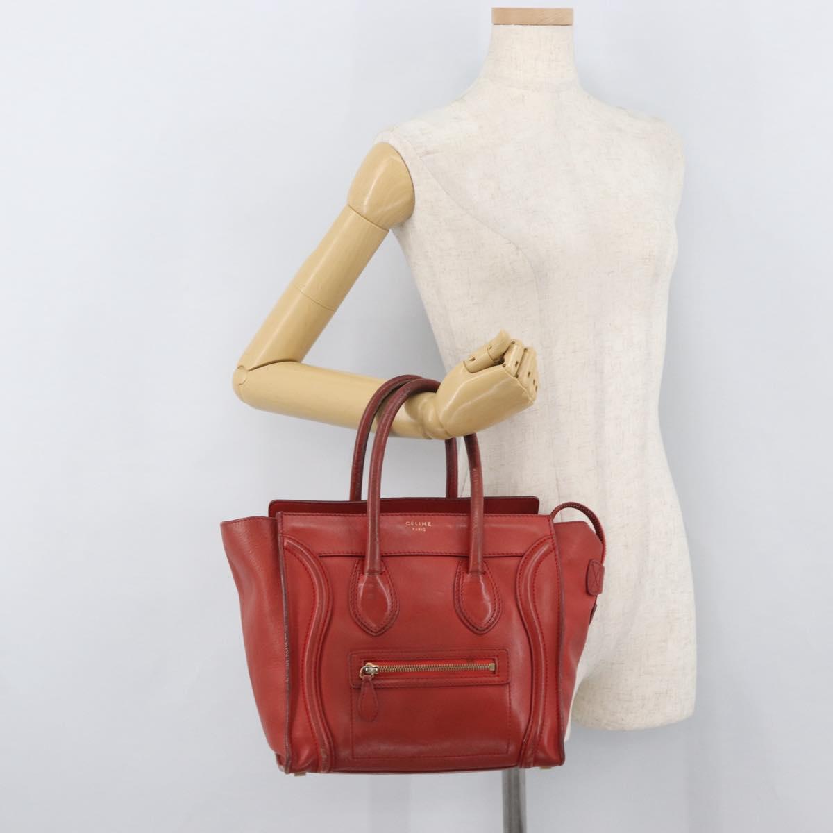 CELINE Micro Shopper Hand Bag Leather Red Gold Auth mr2211
