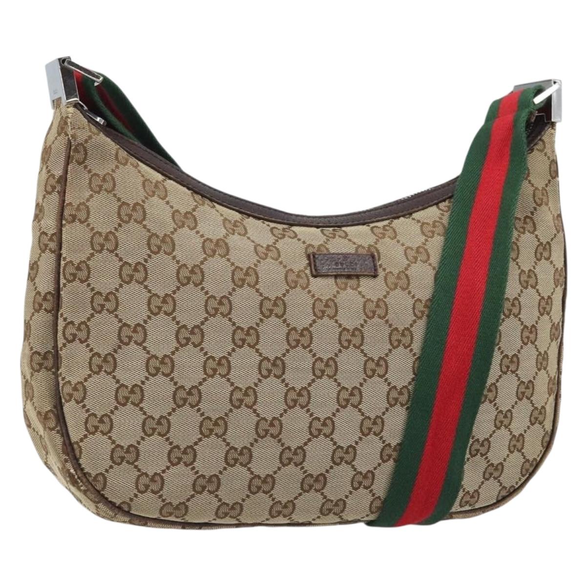 GUCCI GG Canvas Web Sherry Line Shoulder Bag Beige Silver 122790 Auth mr2213